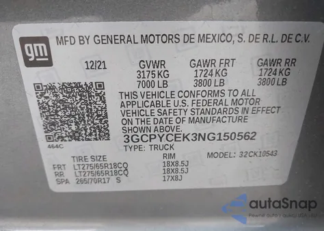 2022 Chevrolet Silverado 1500 Ltd 4Wd Short Bed Custom Trail Boss из США, поврежденный, VIN 3GCPYCEK3NG150562